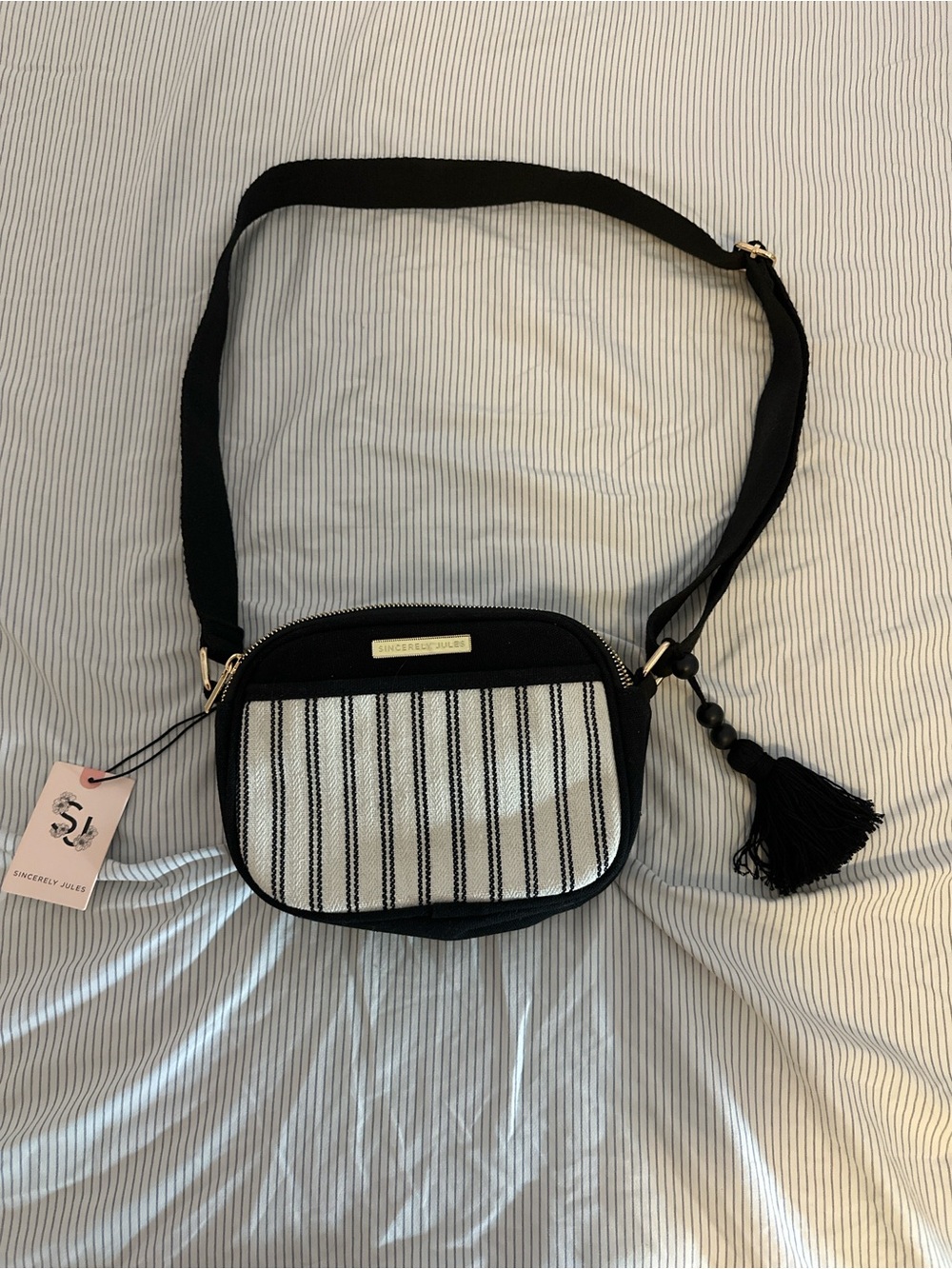 Sincerly Jules Black and White Striped Crossbody with Tassel